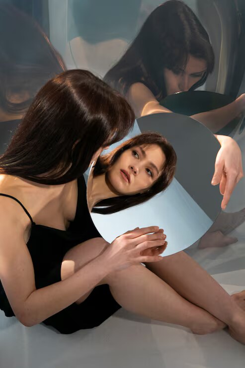 Woman with round mirror — self-care moment