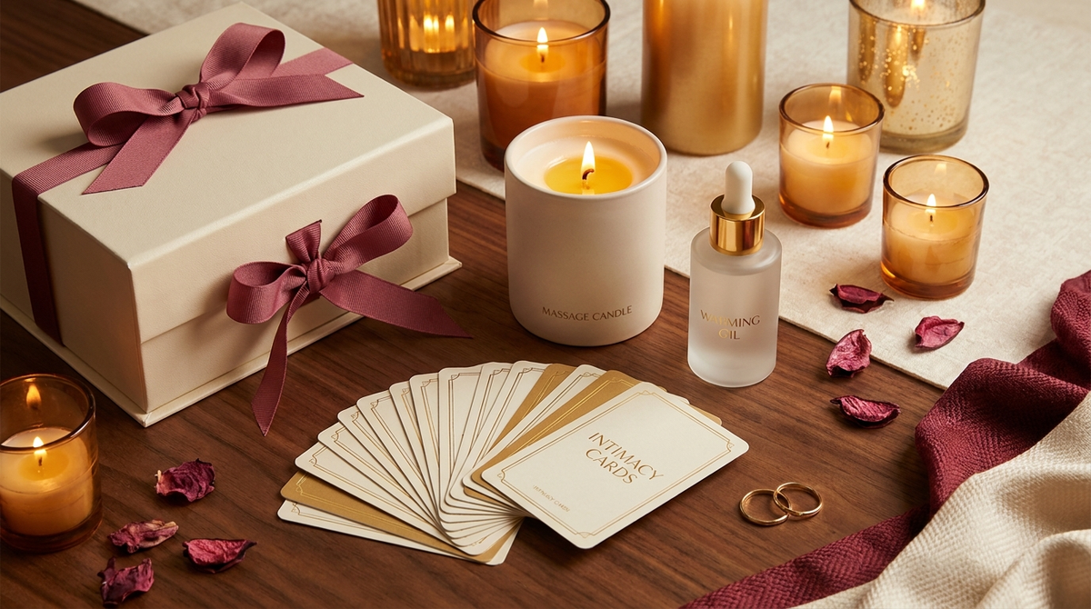 For Couples — warm amber candlelit gift kit, candle and intimacy cards