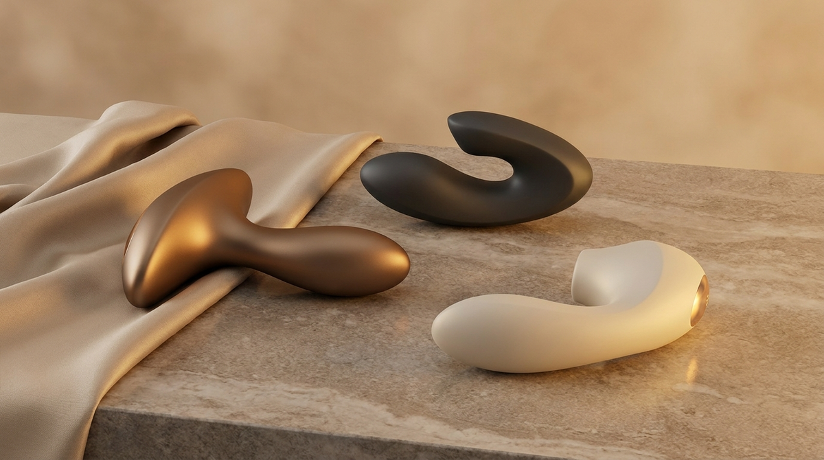 Dildos — sleek massagers in bronze, charcoal and ivory