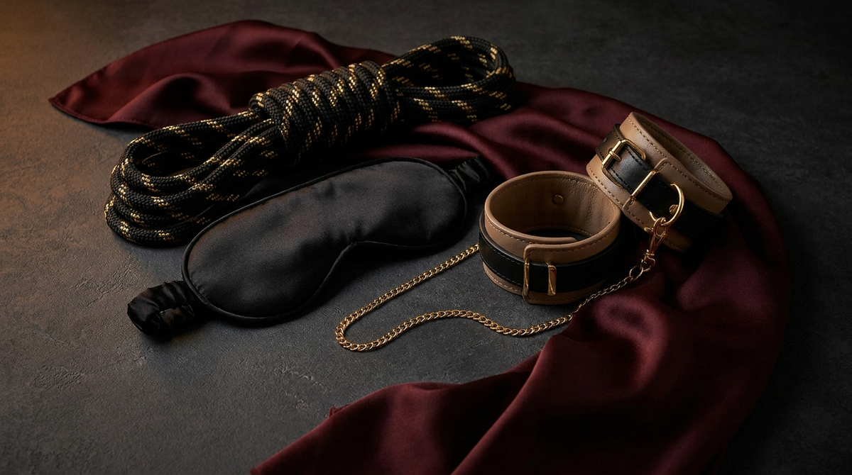 Bondage — burgundy, black leather and gold cuffs, blindfold and rope