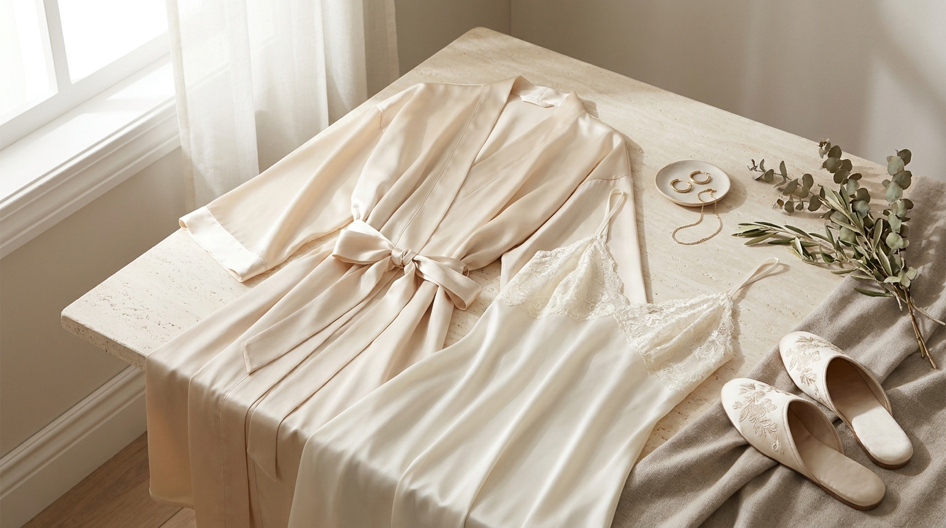 Sleepwear — champagne-ivory silk robe and lace nightgown flat-lay