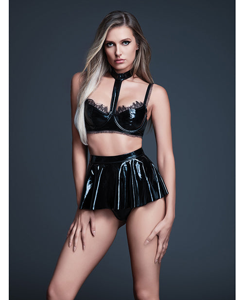 Allure Naughty Nights Latex Look Vinyl and Lace Choker Bra & Mini Skirt 2 pc Set - Black