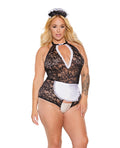 Scallop Stretch Lace Crotchless Maid Teddy w/Headpiece Black/White