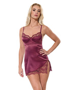 Scallop Lace Trimmed Stretch Satin Chemise w/Underwire Cups - Mauve Plum
