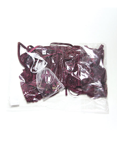 Stretch Scallop Lace Underwire Bra w/Garter & Satin G - String 3 pc Set - Mauve Plum