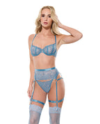 Floral Lace with Gold Hardware Underwire Bra w/Garter & Thong 3 pc Set - Blue