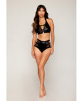 Stretch Faux Leather and Eyelash Lace Bralette w/High - Waisted Panty - Black
