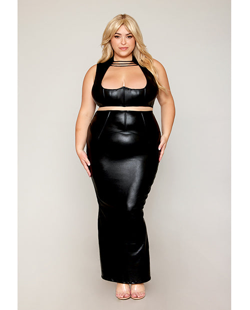 Stretch Faux Leather Harness Bra & Long Slip Skirt - Black