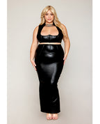 Stretch Faux Leather Harness Bra & Long Slip Skirt - Black