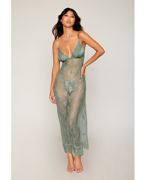 Eyelash Lace & Satin Long Chemise w/G - String - Sage Green