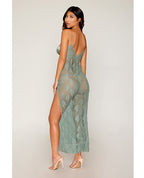 Eyelash Lace & Satin Long Chemise w/G - String - Sage Green