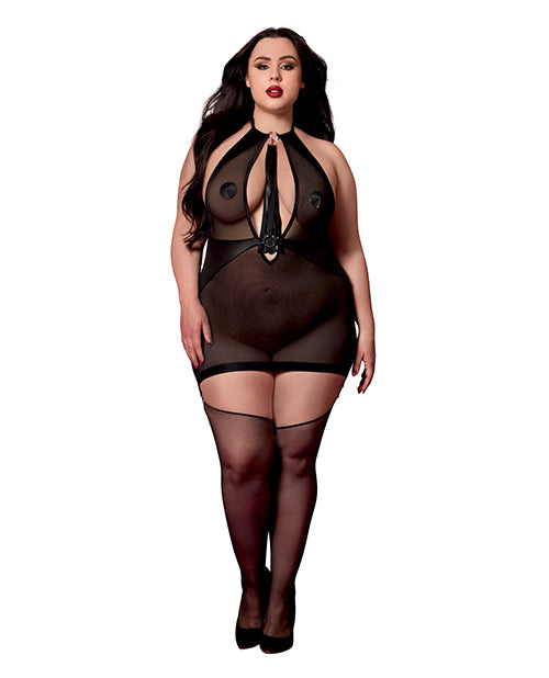 Stretch Mesh and Faux Leather Gartered Chemise w/Removable Flogger - Black