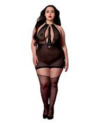 Stretch Mesh and Faux Leather Gartered Chemise w/Removable Flogger - Black