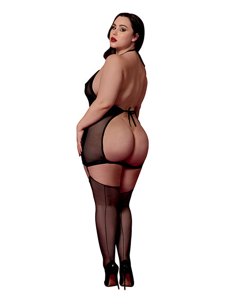 Stretch Mesh and Faux Leather Gartered Chemise w/Removable Flogger - Black