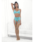 Lace & Mesh Underwire Bra, Garterbelt & G - String Malibu Blue