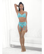 Lace & Mesh Underwire Bra, Garterbelt & G - String Malibu Blue