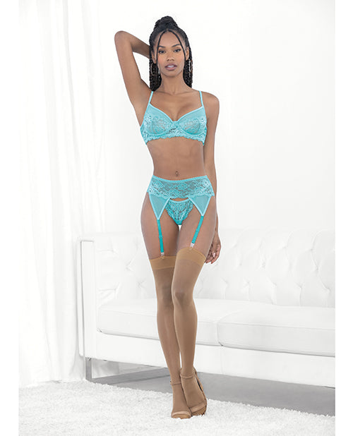 Lace & Mesh Underwire Bra, Garterbelt & G - String Malibu Blue