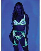 Embroidered Floral Lace Bra w/Thong & Chaps Blacklight Reactive 3 pc Set - Yellow