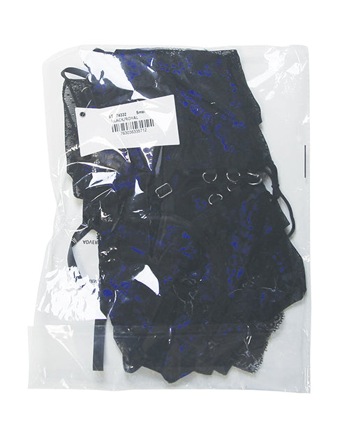 Twilight Zone Lace and Mesh Short Babydoll w/Tanga Panty 2 pc Set - Black/Blue