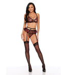 Forever Roses Embroidered Bralette w/Garter & G - String 3 pc Set - Black/Red