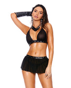Leather & Mesh Halter Bra Top w/Mini Skirt & G - String - Black