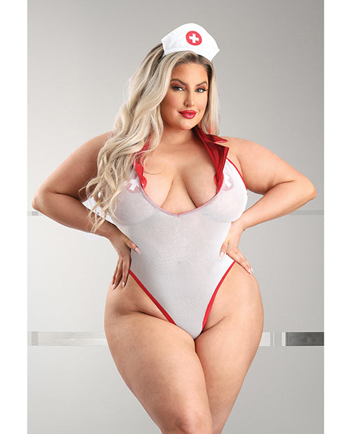 Play Pulse Check Collared Teddy w/Open Back, Pleated Skirt, Medic Hat & Pasties Red/White