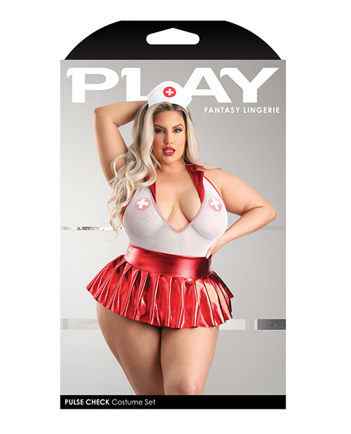 Play Pulse Check Collared Teddy w/Open Back, Pleated Skirt, Medic Hat & Pasties Red/White