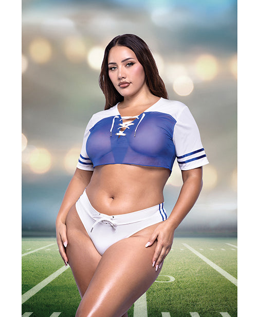 Play The Field Sheer Cropped Jersey w/Lace Up Details & Matching Cheeky Panty - Blue