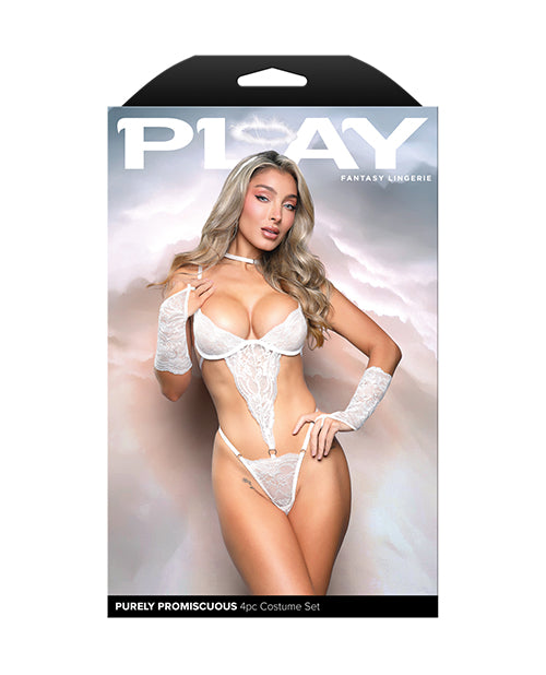 Purely Promiscuous Shimmer Lace Open Side Teddy w/Halo, Armbands, & Lace Wings - White