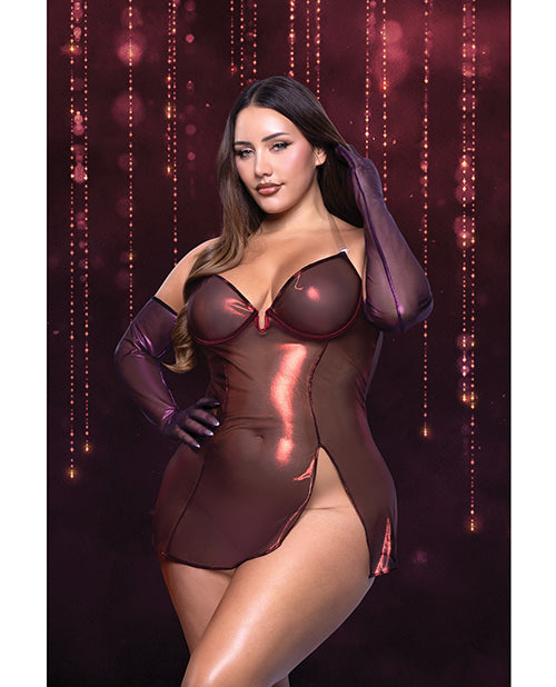 Hollywood Scarlet Shimmer Dress w/Lace Up Back & Gloves - Red