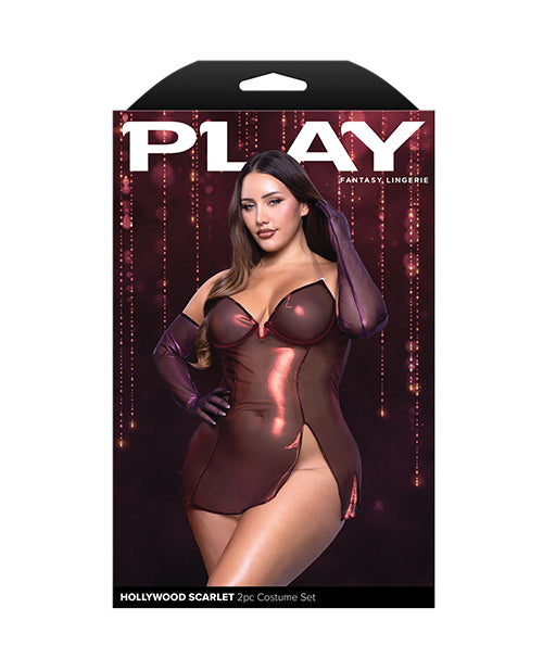 Hollywood Scarlet Shimmer Dress w/Lace Up Back & Gloves - Red