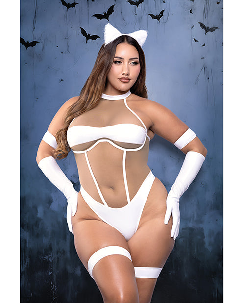 Midnight Purr Sheer Nude Mesh Teddy w/Glove, Armbands, Garters, & Cat Ears - White