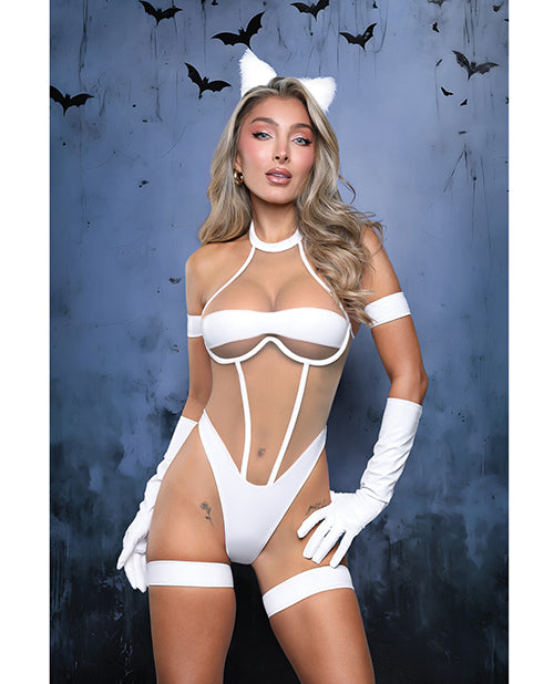 Midnight Purr Sheer Nude Mesh Teddy w/Glove, Armbands, Garters, & Cat Ears - White