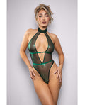 Emerald Shimmer Mesh Halter Teddy w/Open Back - Green