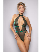 Emerald Shimmer Mesh Halter Teddy w/Open Back - Green