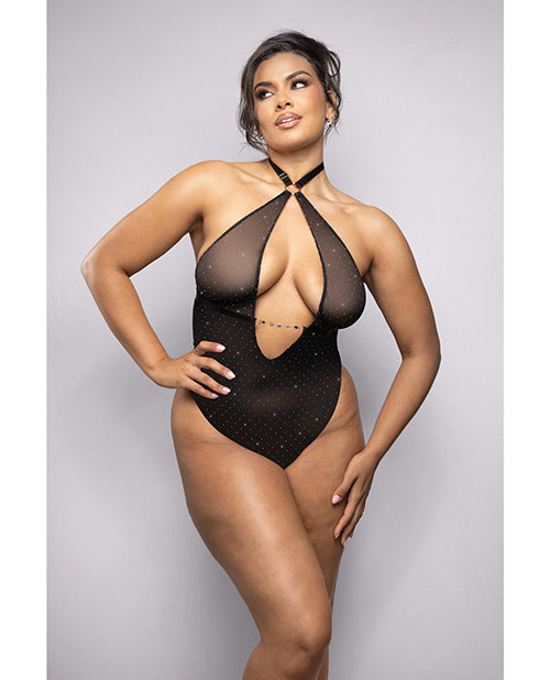 Rhinestone Mesh Halter Teddy w/Jeweled Center Strap - Black