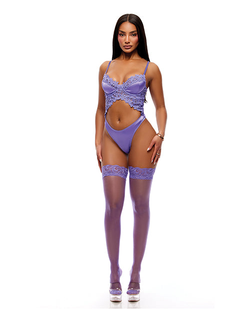 See It Through Guipure Teddy Set w/Stockings - Purple
