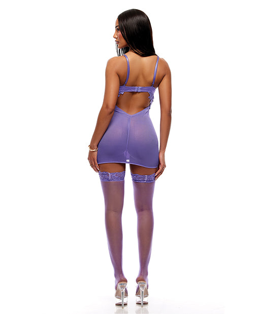See It Through Guipure Lace Chemise w/Thong & Stockings - Purple
