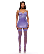 See It Through Guipure Lace Chemise w/Thong & Stockings - Purple