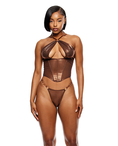 Liquid Metal Metallic Mesh Bustier w/G - String 2 pc Set - Metallic Copper
