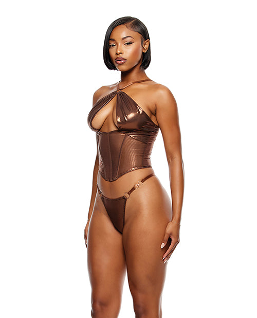 Liquid Metal Metallic Mesh Bustier w/G - String 2 pc Set - Metallic Copper