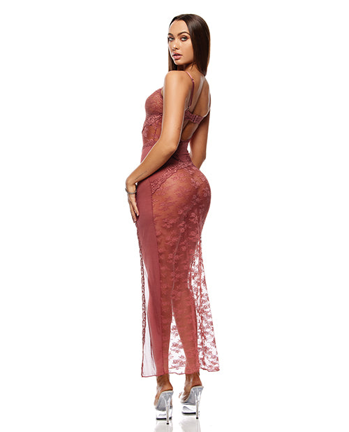 Patch of Petals Sheer Mesh and Lace Gown w/Thong 2 pc Set - Mauve