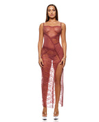 Patch of Petals Sheer Mesh and Lace Gown w/Thong 2 pc Set - Mauve