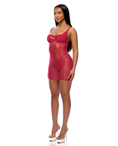 Layers To This Sheer Mesh and Knit Chemise w/Thong 2 pc Set - Pink