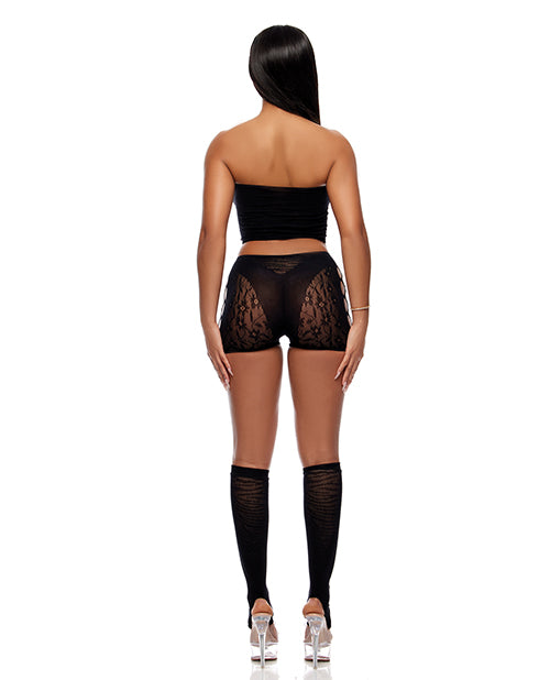 Cross Your Mind Tube Top w/Boy Short & Open Toe Socks Bodystocking - Black