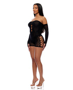 Cross Your Mind Romper Bodystocking w/Rhinestone Details & Gloves 2 pc Set - Black
