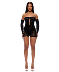 Cross Your Mind Romper Bodystocking w/Rhinestone Details & Gloves 2 pc Set - Black