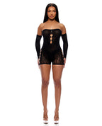 Cross Your Mind Romper Bodystocking w/Rhinestone Details & Gloves 2 pc Set - Black