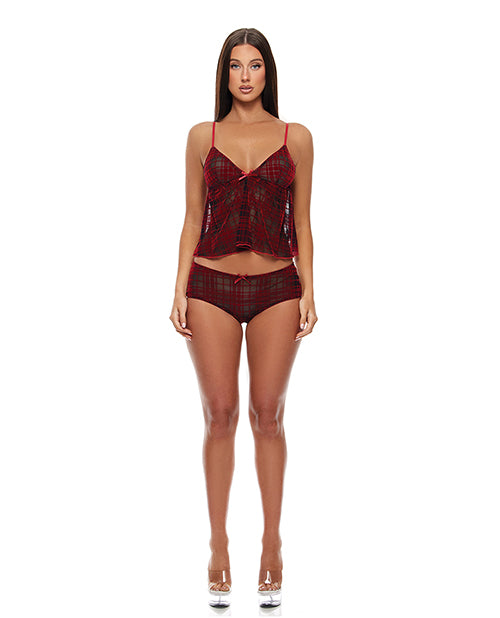 Velvet Lines Mesh Cami & Boy Short 2 pc Set - Red/Black