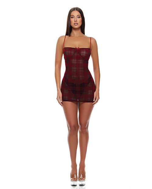 Velvet Lines Mesh Chemise & Thong 2 pc Set - Red/Black